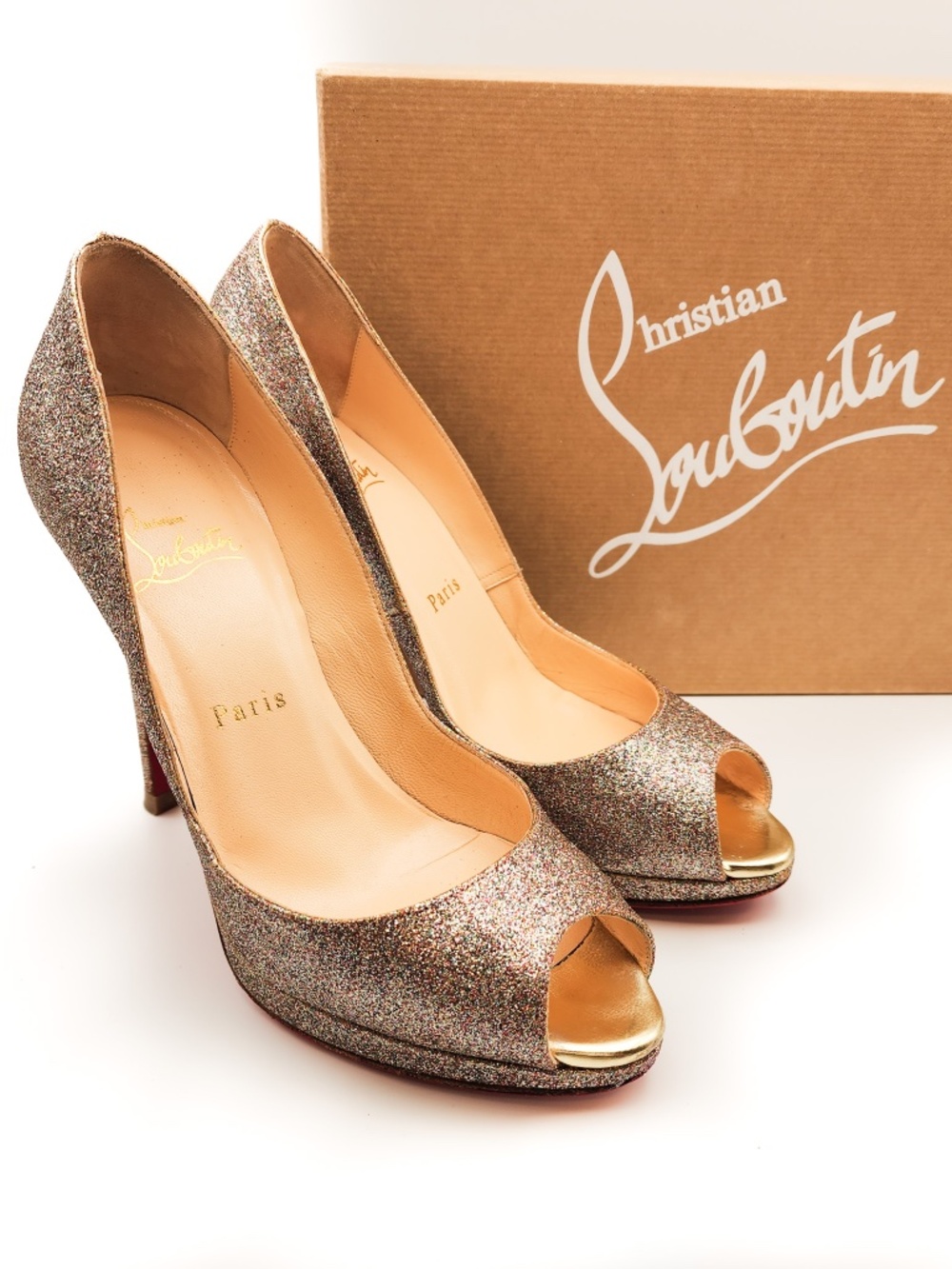 Christian Louboutin Yolanda 120 Gold Glitter Peep-Toe Pumps EU 38